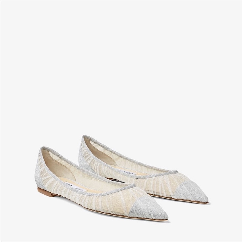 EUC Jimmy Choo Love Flat Metallic Silver Glitter Flats with Ivory Tulle